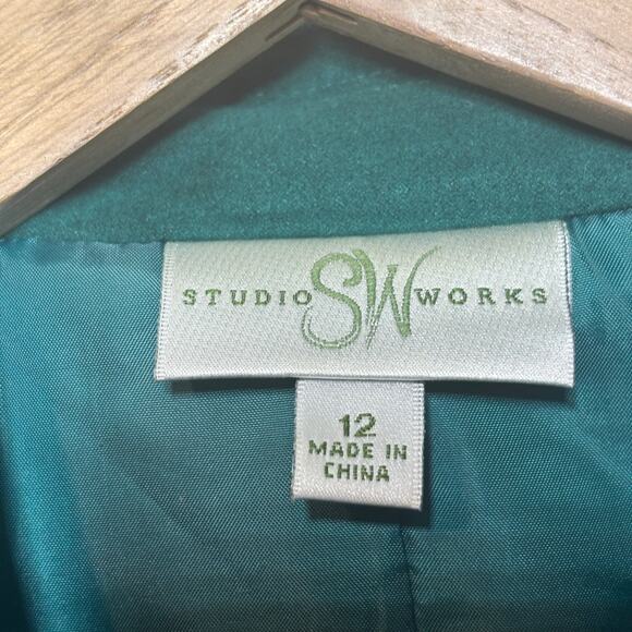Studio Works Faux Suede Blazer Jacket 12 Emerald Green Gold Button Retro Chic - Picture 4 of 8